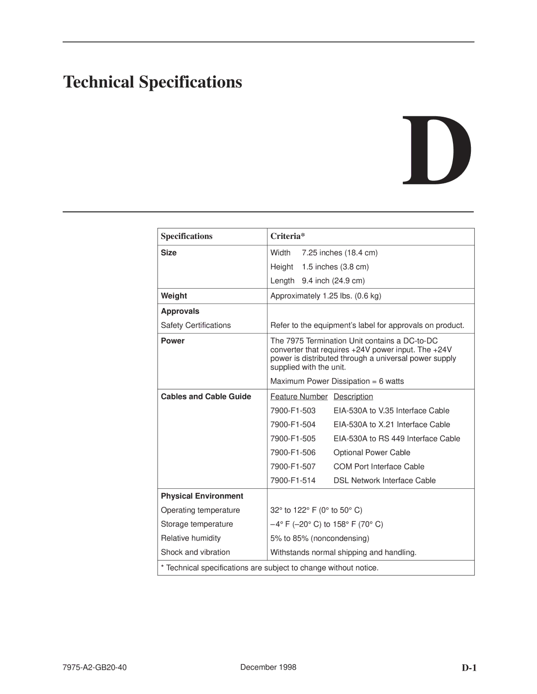 Paradyne 7975 manual Technical Specifications, Specifications Criteria 