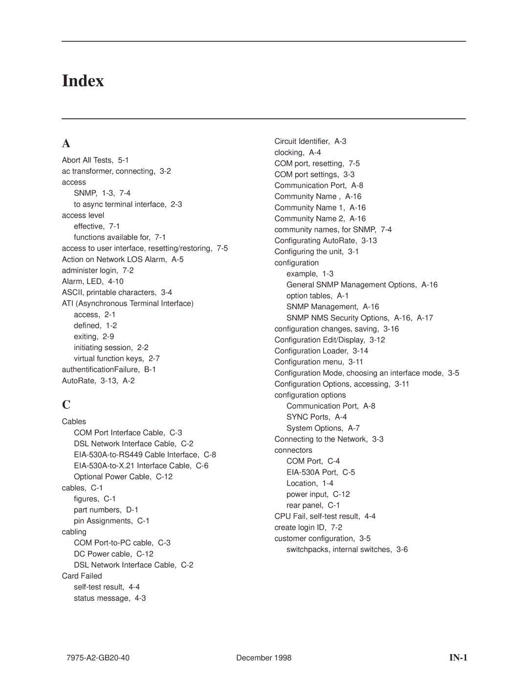 Paradyne 7975 manual Index, IN-1 