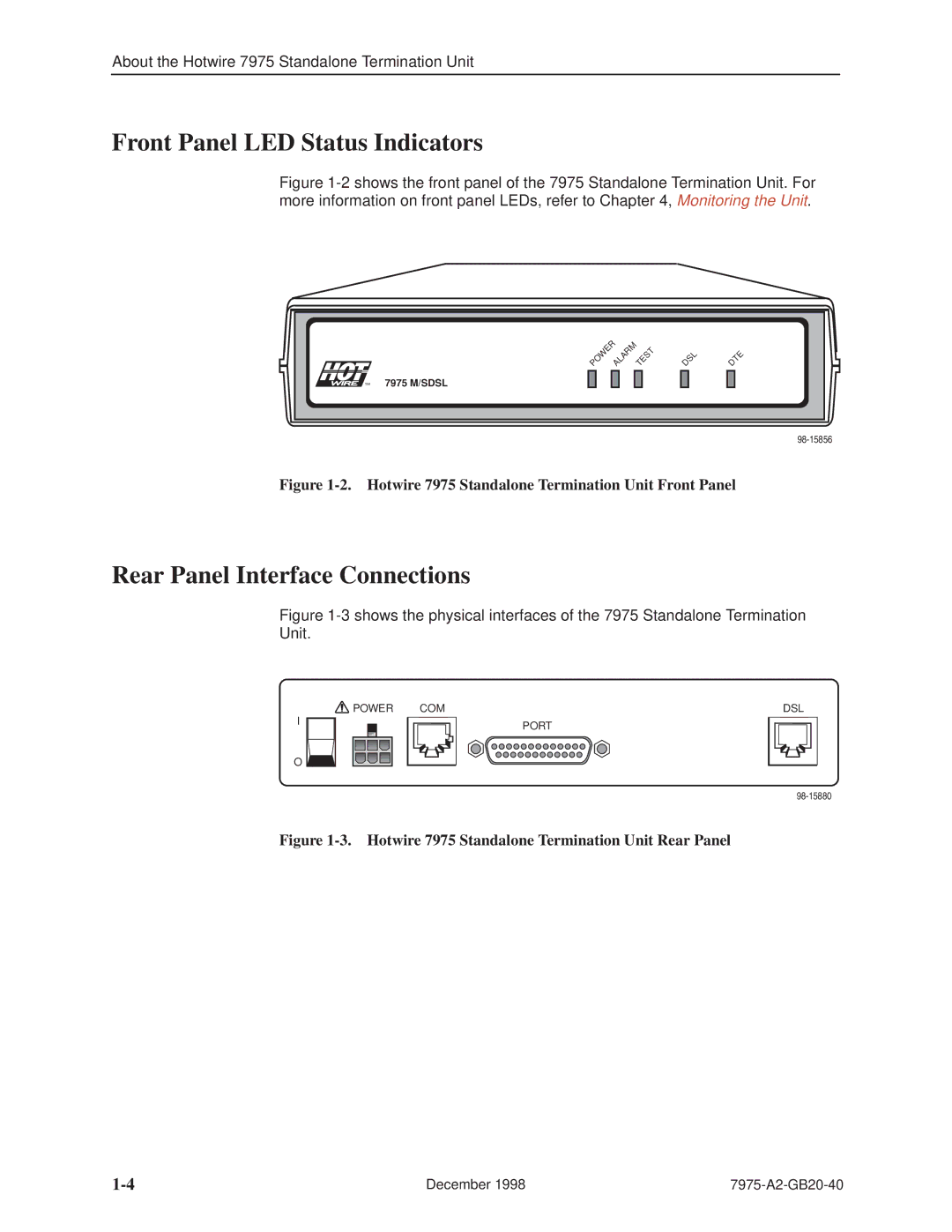 Paradyne 7975 manual Front Panel LED Status Indicators, Rear Panel Interface Connections 