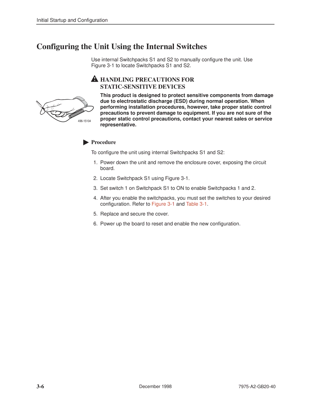 Paradyne 7975 manual Configuring the Unit Using the Internal Switches, Handling Precautions for STATIC-SENSITIVE Devices 