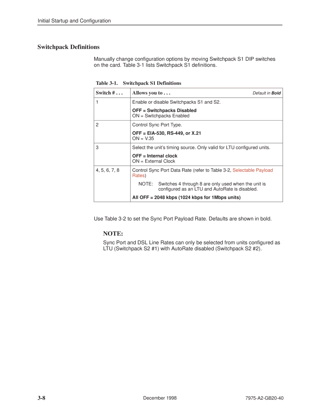 Paradyne 7975 manual Switchpack Definitions, Switchpack S1 Definitions Switch # Allows you to 