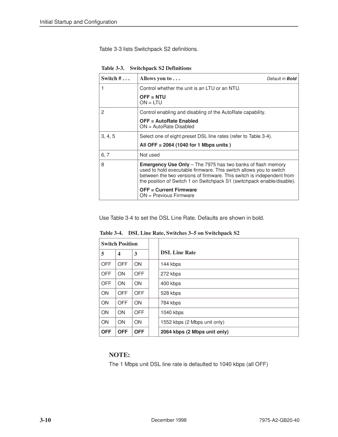 Paradyne 7975 manual Switchpack S2 Definitions Switch # Allows you to, OFF = AutoRate Enabled, OFF = Current Firmware 