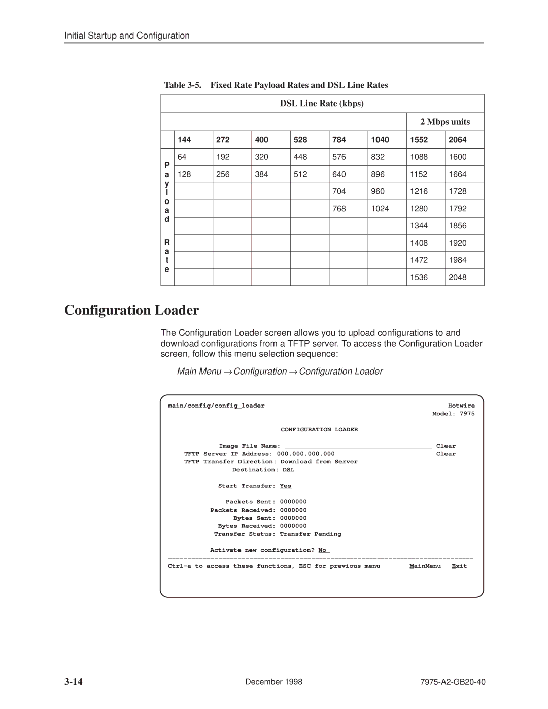 Paradyne 7975 manual Main Menu → Configuration → Configuration Loader, 144 272 400 528 784 1040 1552 2064 