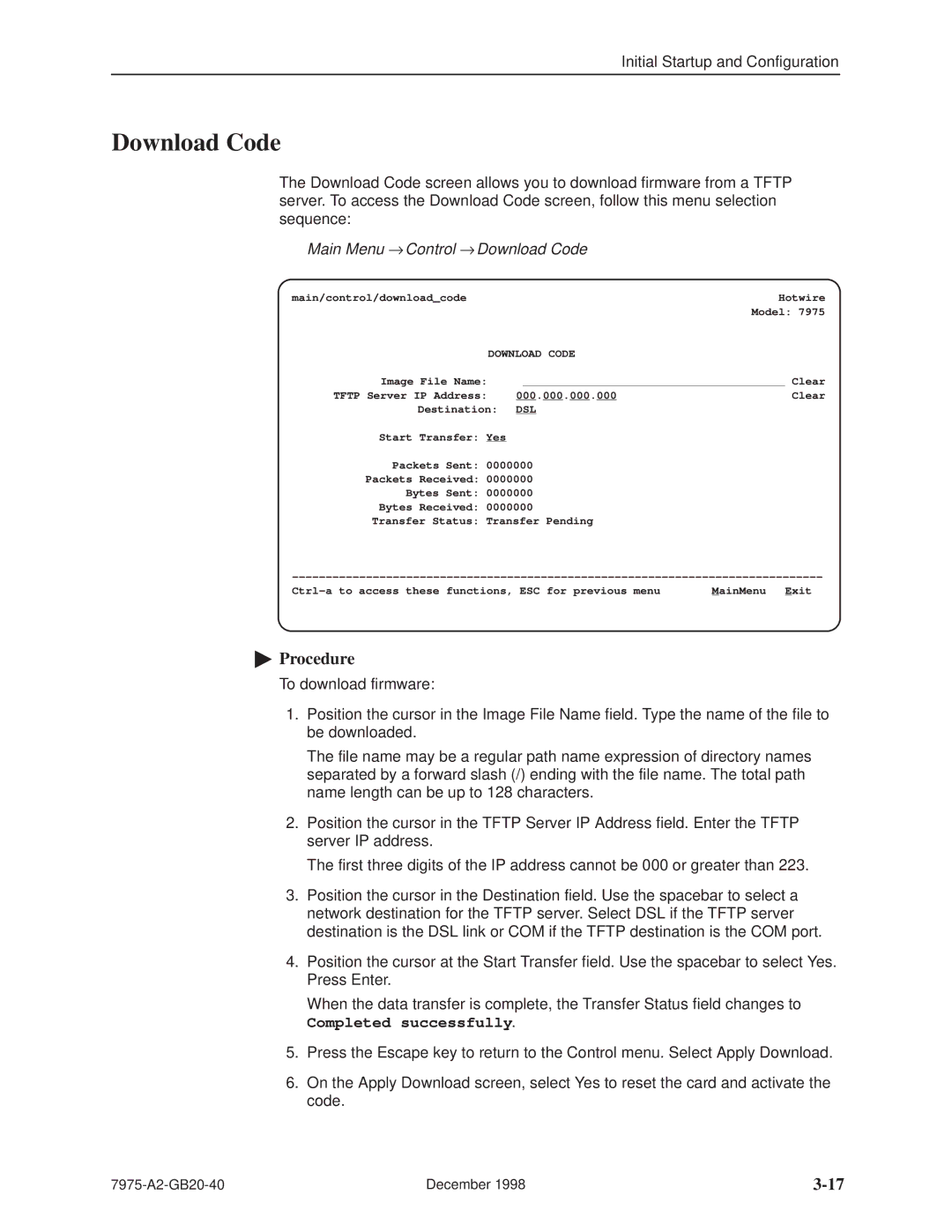 Paradyne 7975 manual Main Menu → Control → Download Code, Dsl 