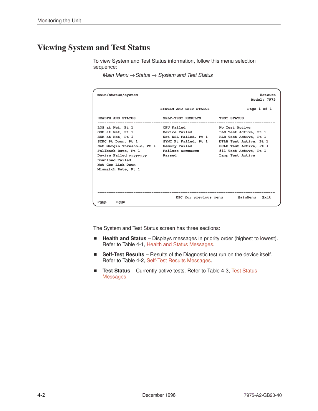 Paradyne 7975 manual Viewing System and Test Status, Main Menu → Status → System and Test Status 