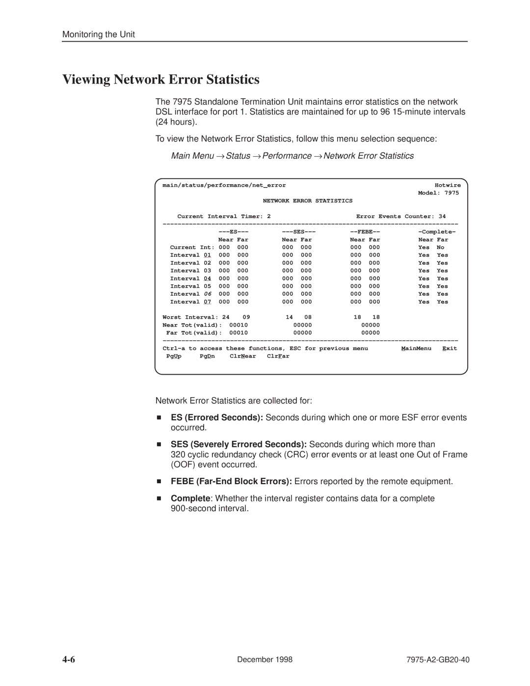 Paradyne 7975 manual Viewing Network Error Statistics, Main Menu → Status → Performance → Network Error Statistics 