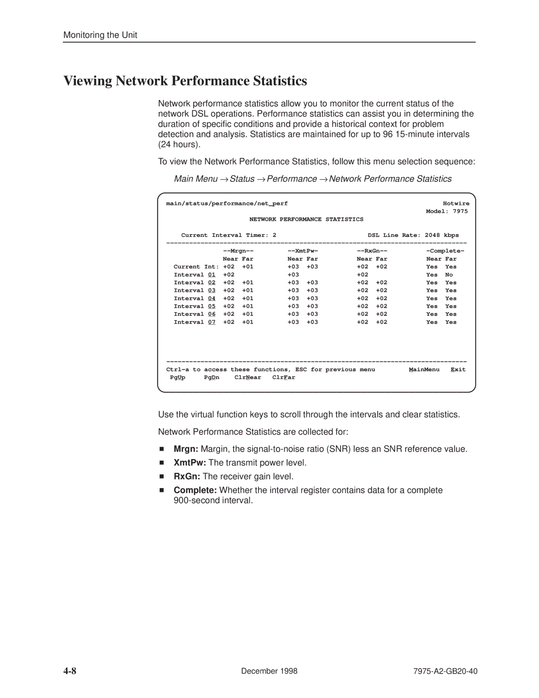 Paradyne 7975 manual Viewing Network Performance Statistics 