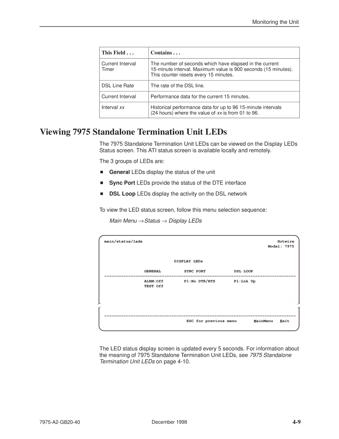 Paradyne manual Viewing 7975 Standalone Termination Unit LEDs, Main Menu → Status → Display LEDs, General Sync Port 