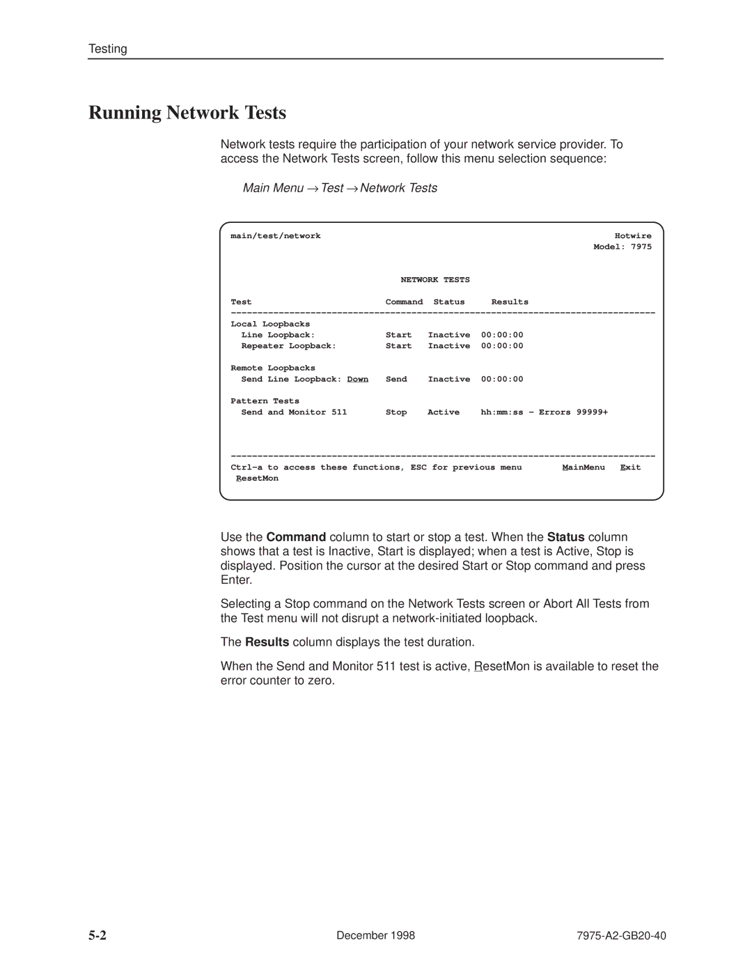 Paradyne 7975 manual Running Network Tests, Main Menu → Test → Network Tests 