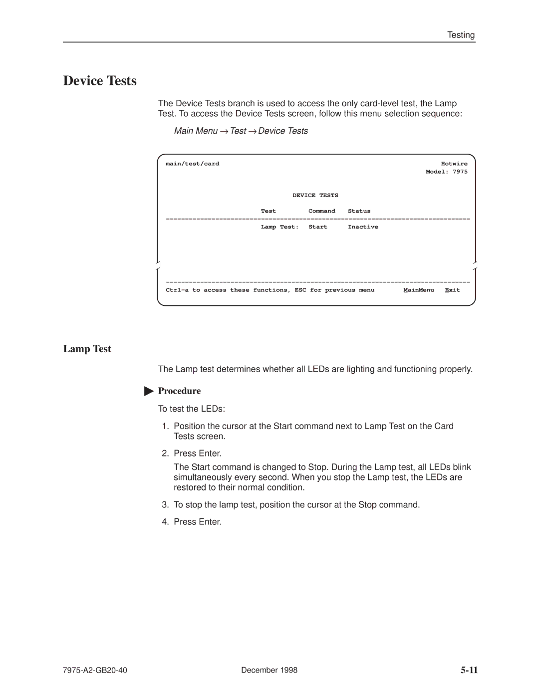 Paradyne 7975 manual Lamp Test, Main Menu → Test → Device Tests 