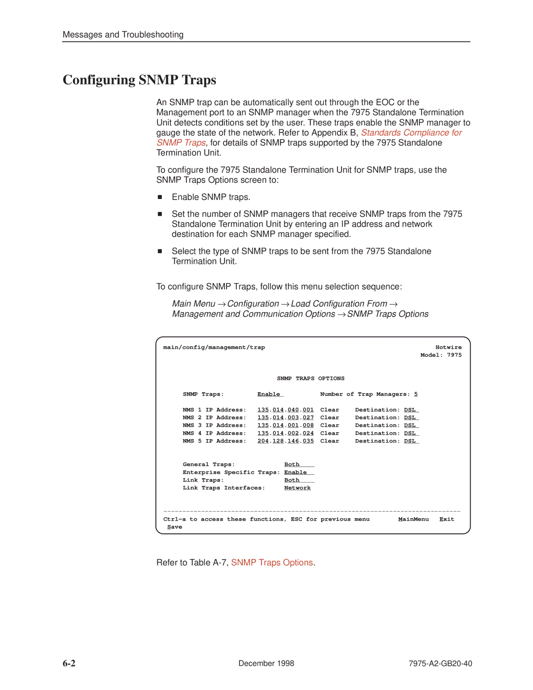 Paradyne 7975 manual Configuring Snmp Traps, Snmp Traps Options 