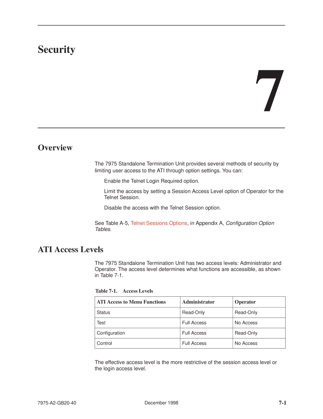 Paradyne 7975 manual Security, ATI Access Levels, Tables 