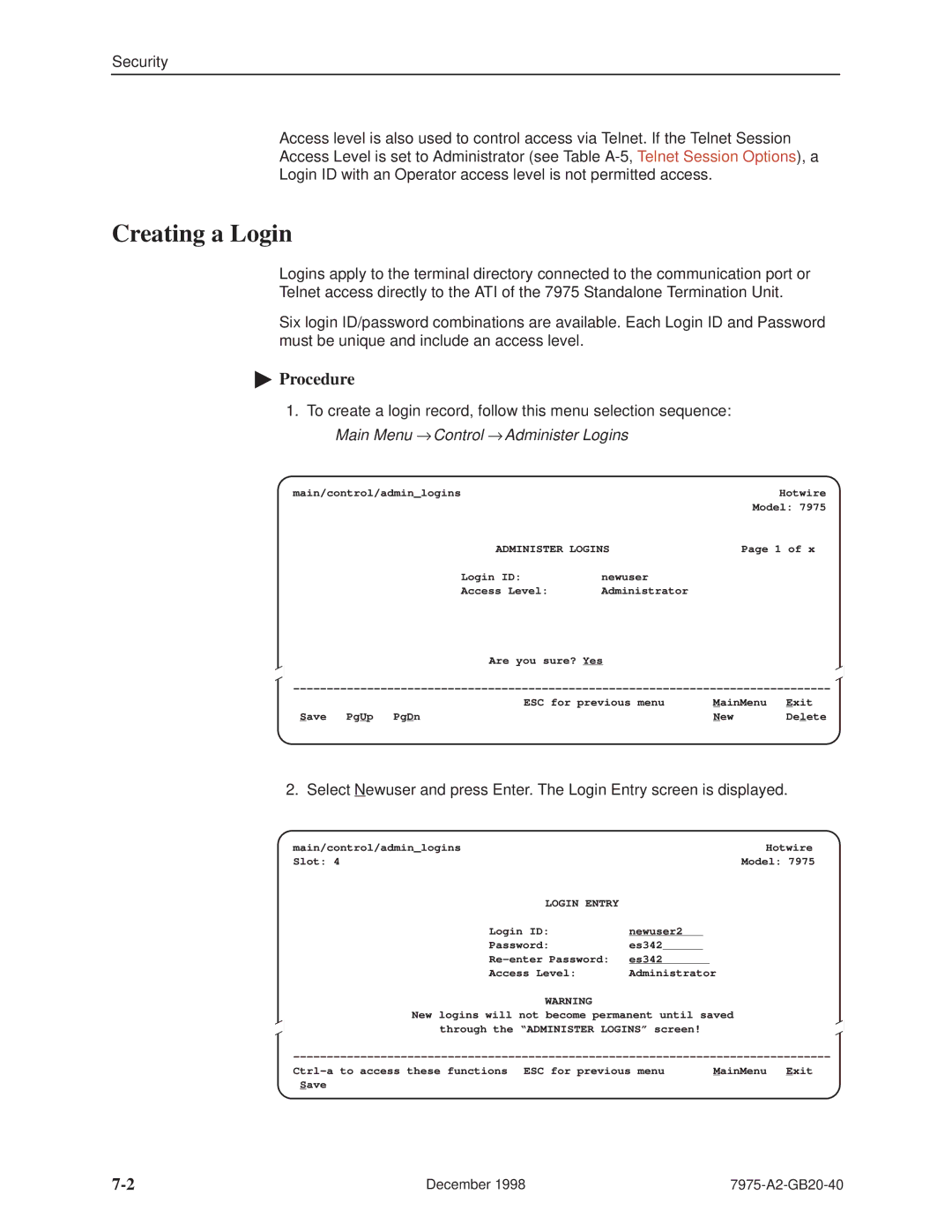 Paradyne 7975 manual Creating a Login, Administer Logins, Login Entry 