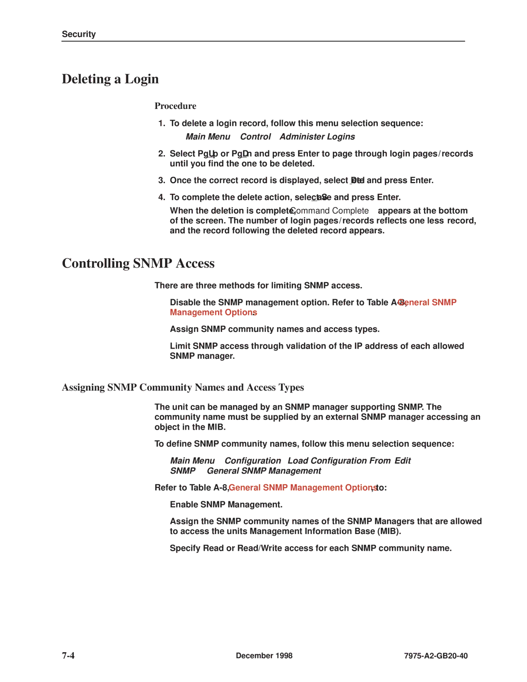 Paradyne 7975 manual Deleting a Login, Controlling Snmp Access, Assigning Snmp Community Names and Access Types 