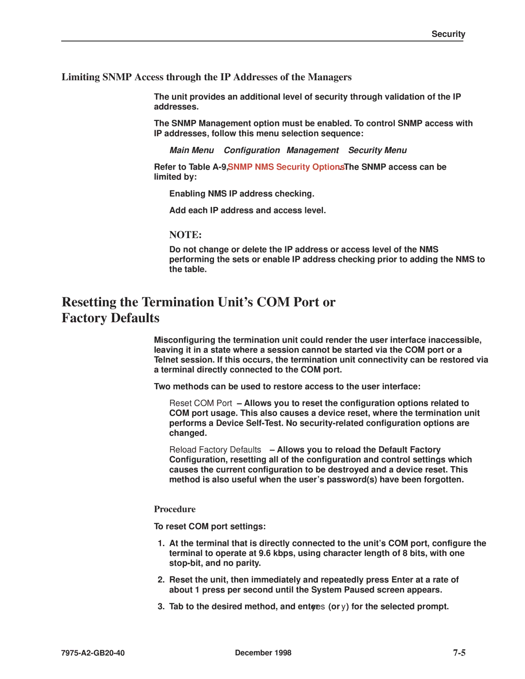 Paradyne 7975 manual Resetting the Termination Units COM Port or Factory Defaults 