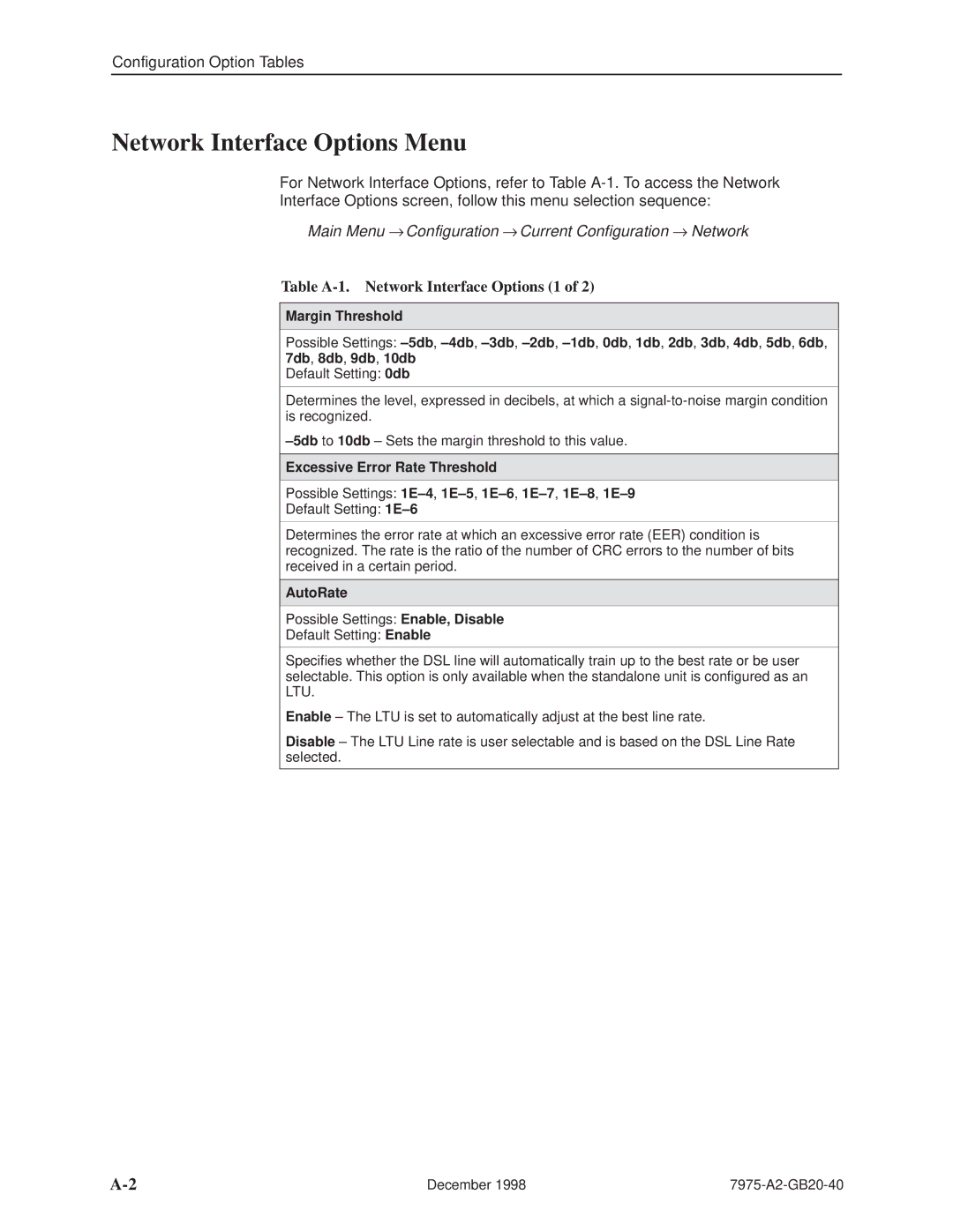 Paradyne 7975 manual Network Interface Options Menu, Main Menu → Configuration → Current Configuration → Network 