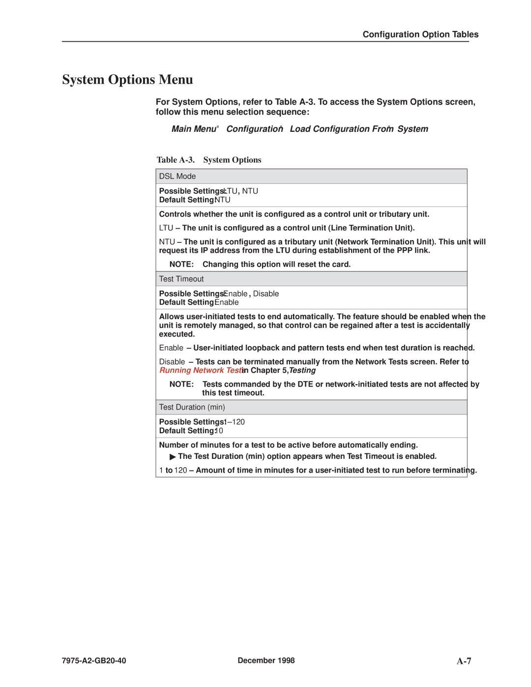 Paradyne 7975 manual System Options Menu, Table A-3. System Options, DSL Mode, Test Timeout, Test Duration min 