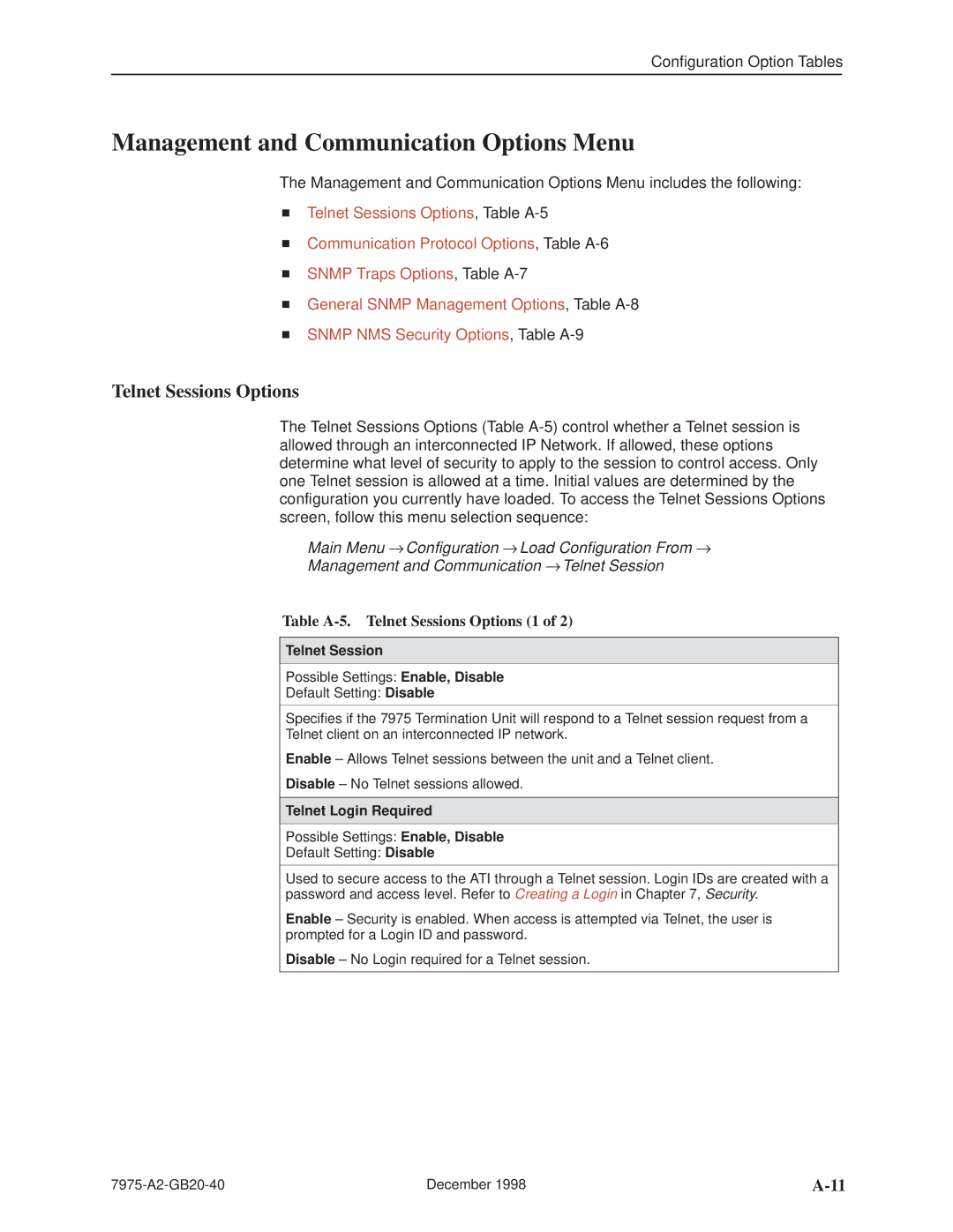 Paradyne 7975 Management and Communication Options Menu, Table A-5. Telnet Sessions Options 1, Telnet Login Required 