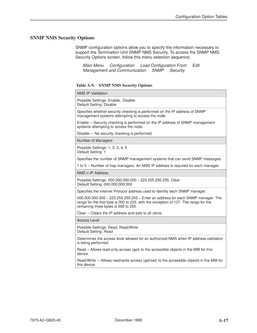 Paradyne 7975 manual Table A-9. Snmp NMS Security Options, NMS IP Validation, Number of Managers, Access Level 