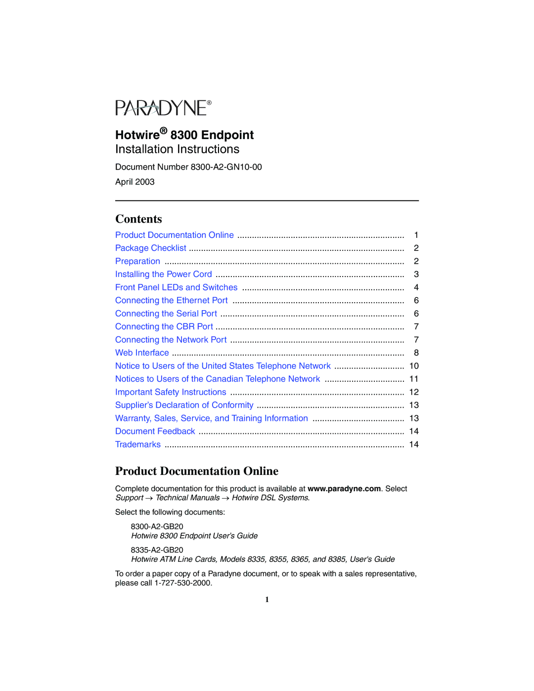 Paradyne 8300 installation instructions Contents, Product Documentation Online 