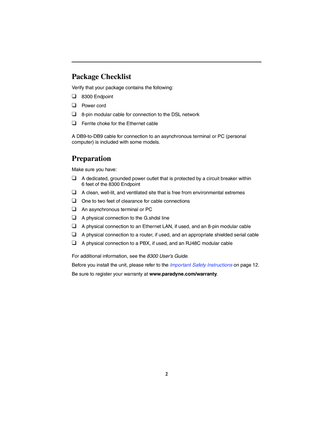 Paradyne 8300 installation instructions Package Checklist, Preparation 