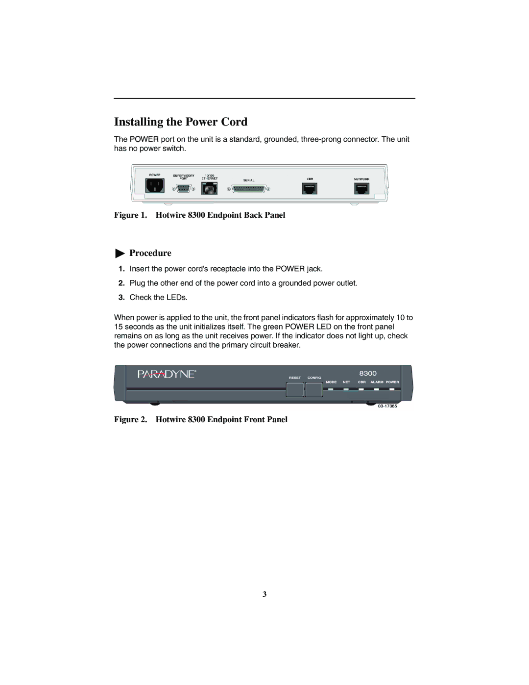 Paradyne 8300 installation instructions Installing the Power Cord, Procedure 