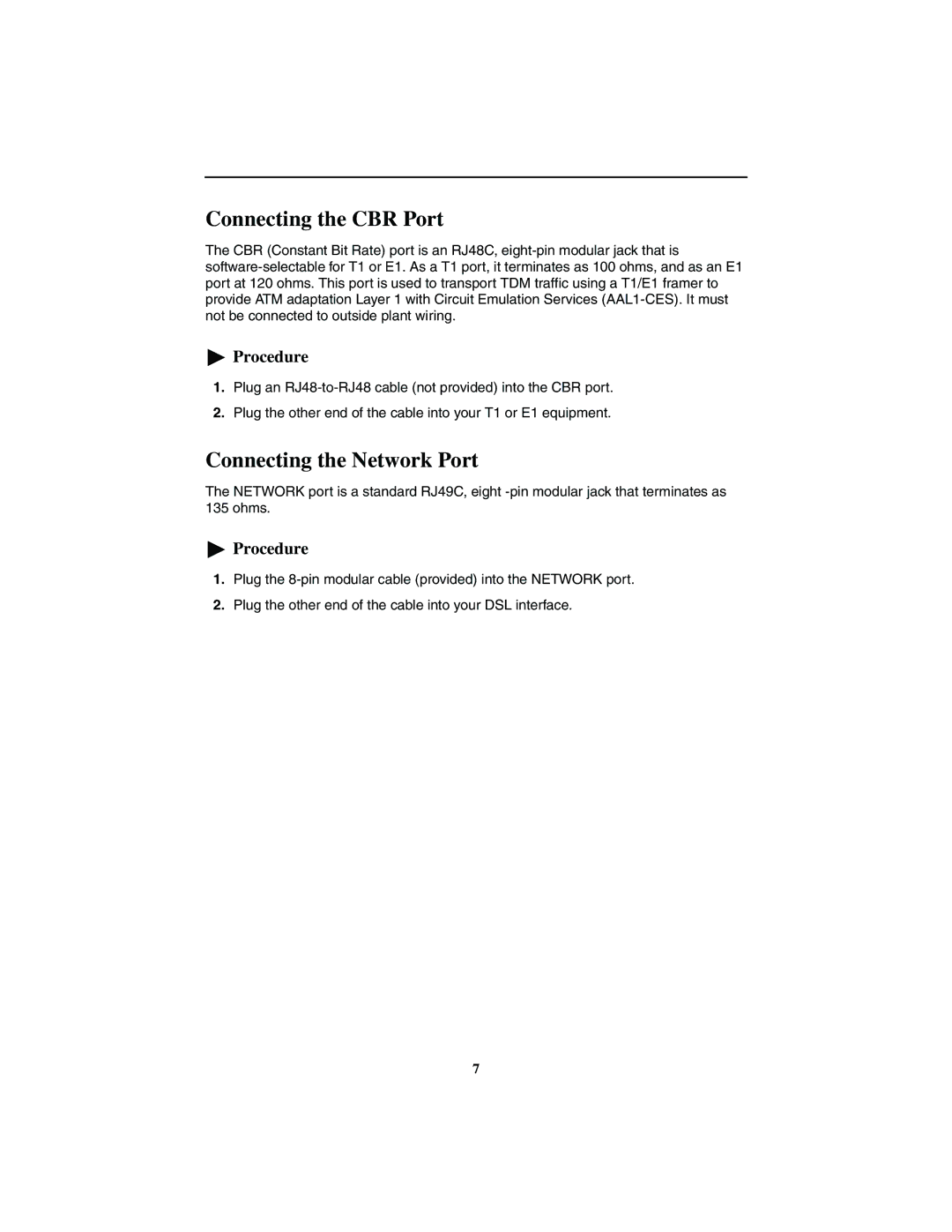 Paradyne 8300 installation instructions Connecting the CBR Port, Connecting the Network Port 