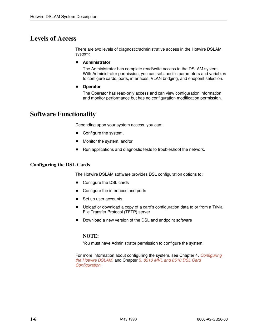 Paradyne 8310 MVL, 8510 DSL manual Levels of Access, Software Functionality, Configuring the DSL Cards 