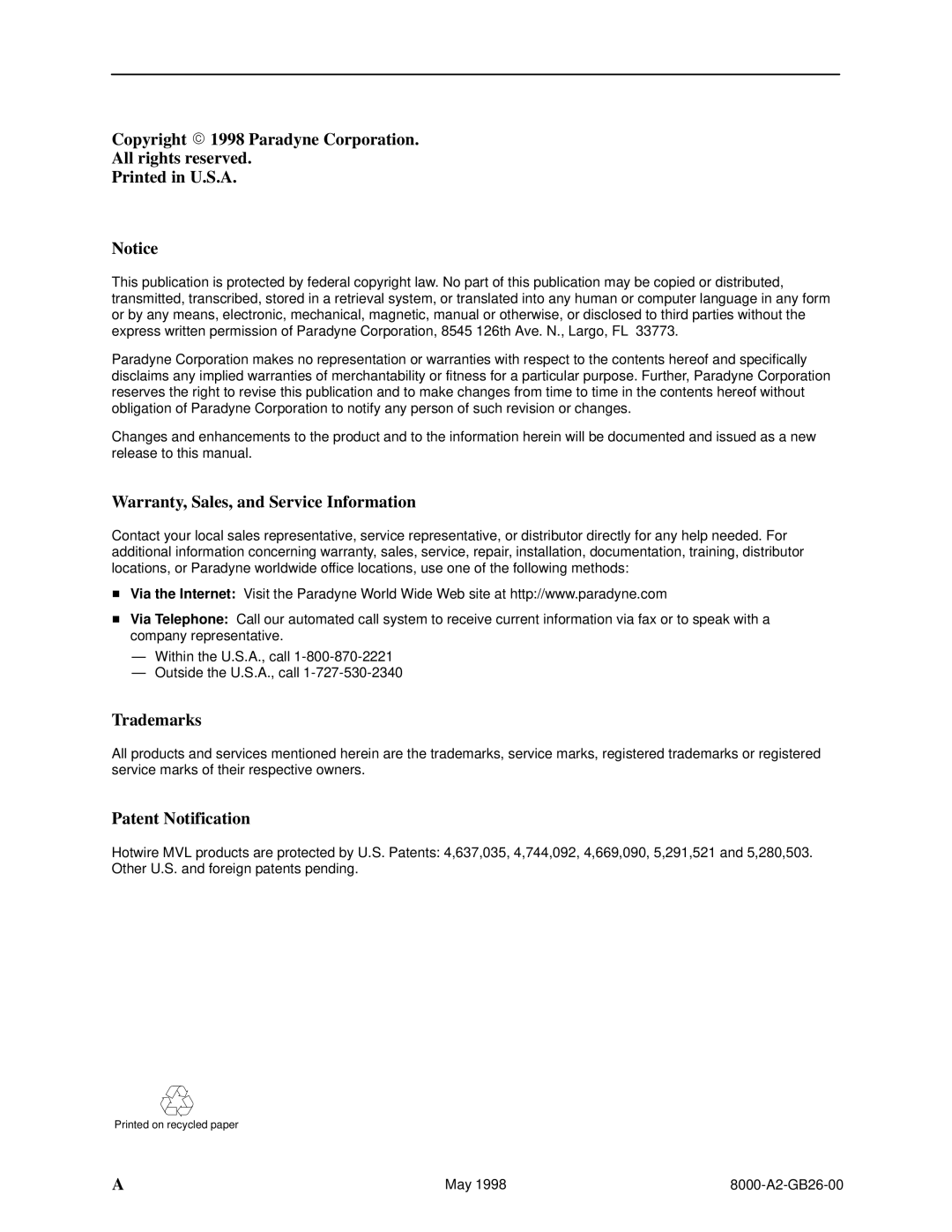 Paradyne 8310 MVL, 8510 DSL manual Copyright  1998 Paradyne Corporation All rights reserved 