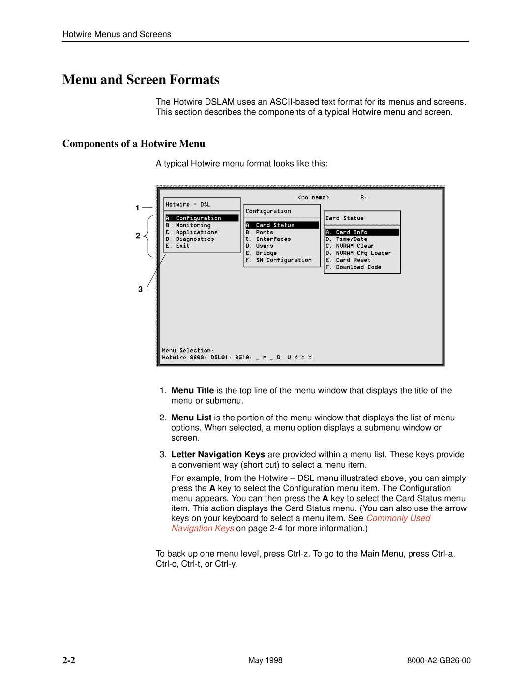 Paradyne 8310 MVL, 8510 DSL manual Menu and Screen Formats, Components of a Hotwire Menu 