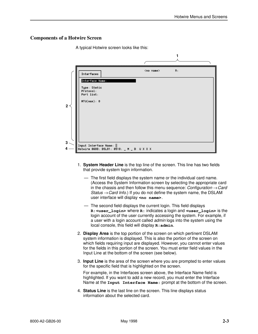 Paradyne 8510 DSL, 8310 MVL manual Components of a Hotwire Screen 