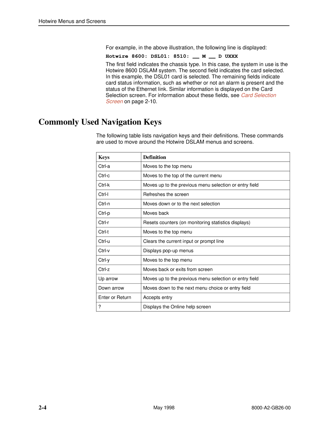 Paradyne 8310 MVL, 8510 DSL manual Commonly Used Navigation Keys, Keys Definition 