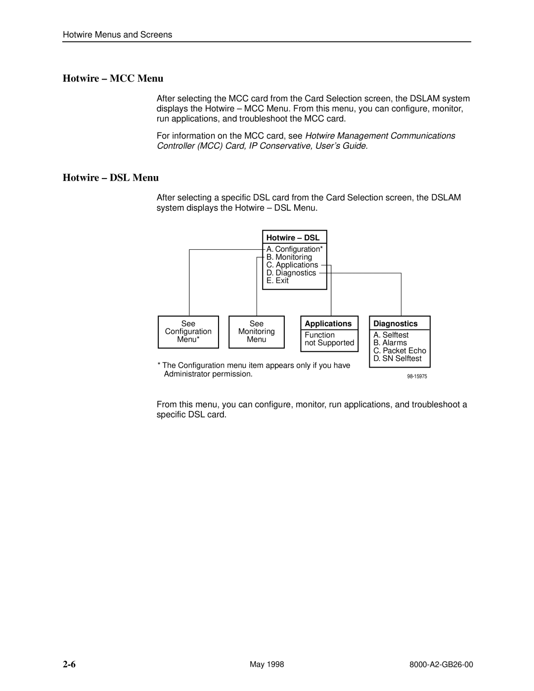 Paradyne 8310 MVL, 8510 DSL manual Hotwire ± MCC Menu, Hotwire ± DSL Menu, Hotwire DSL, Applications, Diagnostics 