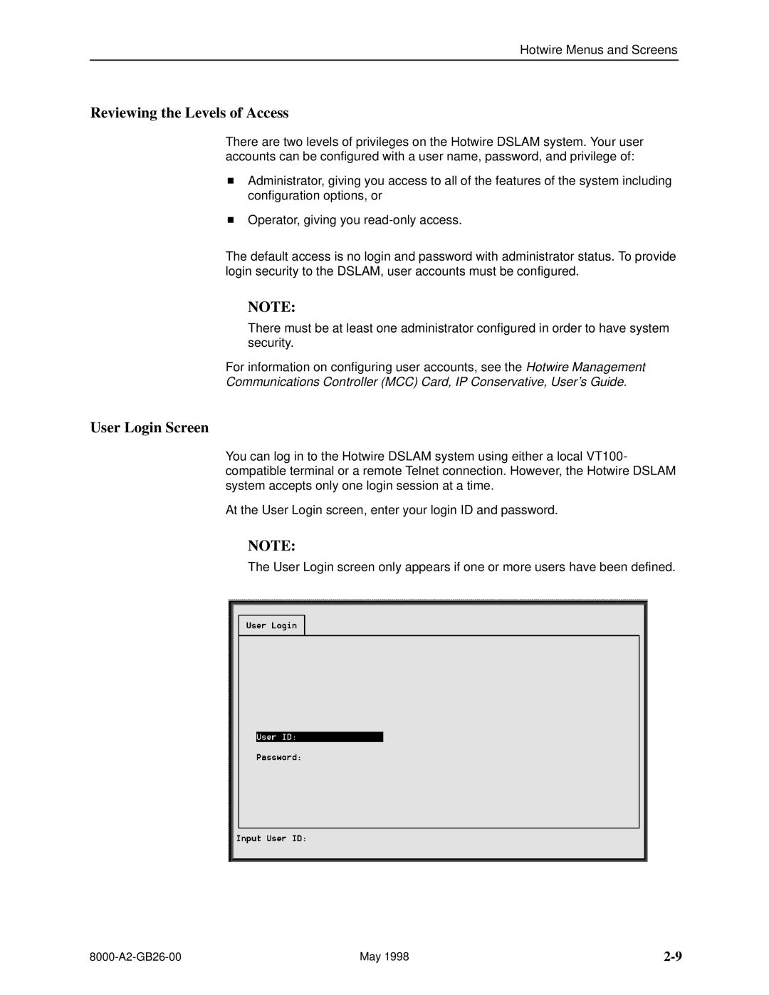 Paradyne 8510 DSL, 8310 MVL manual Reviewing the Levels of Access, User Login Screen 