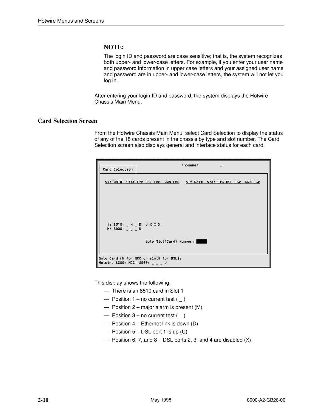 Paradyne 8310 MVL, 8510 DSL manual Card Selection Screen 