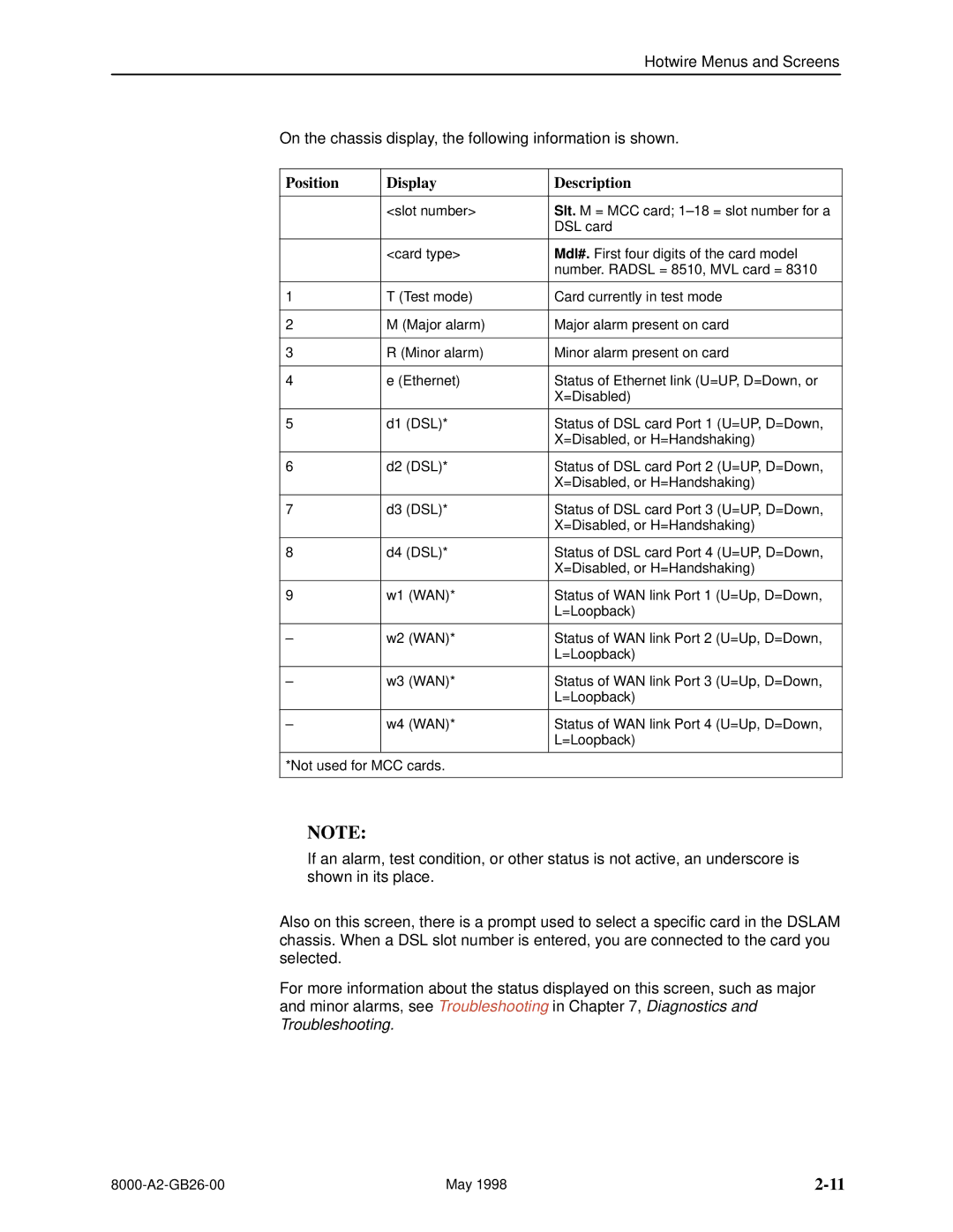 Paradyne 8510 DSL, 8310 MVL manual Position Display Description 