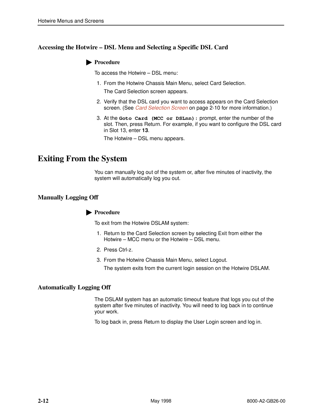 Paradyne 8310 MVL, 8510 DSL manual Exiting From the System, Manually Logging Off, Automatically Logging Off 