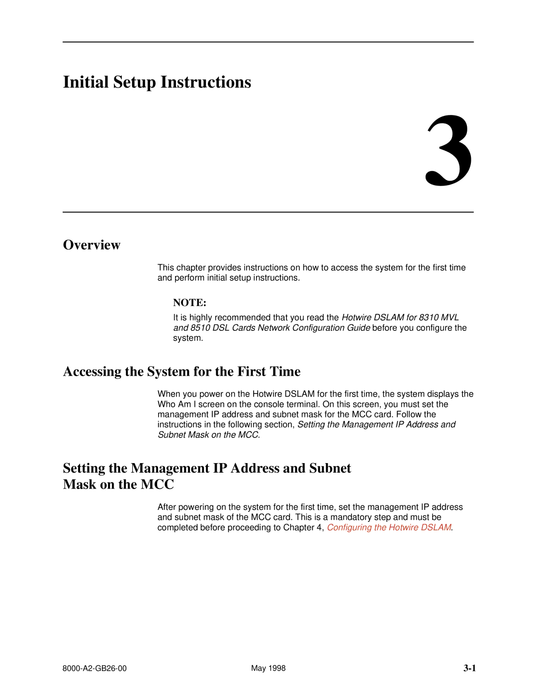 Paradyne 8510 DSL, 8310 MVL manual Initial Setup Instructions, Accessing the System for the First Time 