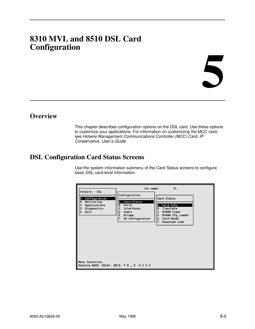 Paradyne 8310 MVL manual MVL and 8510 DSL Card Configuration, DSL Configuration Card Status Screens 