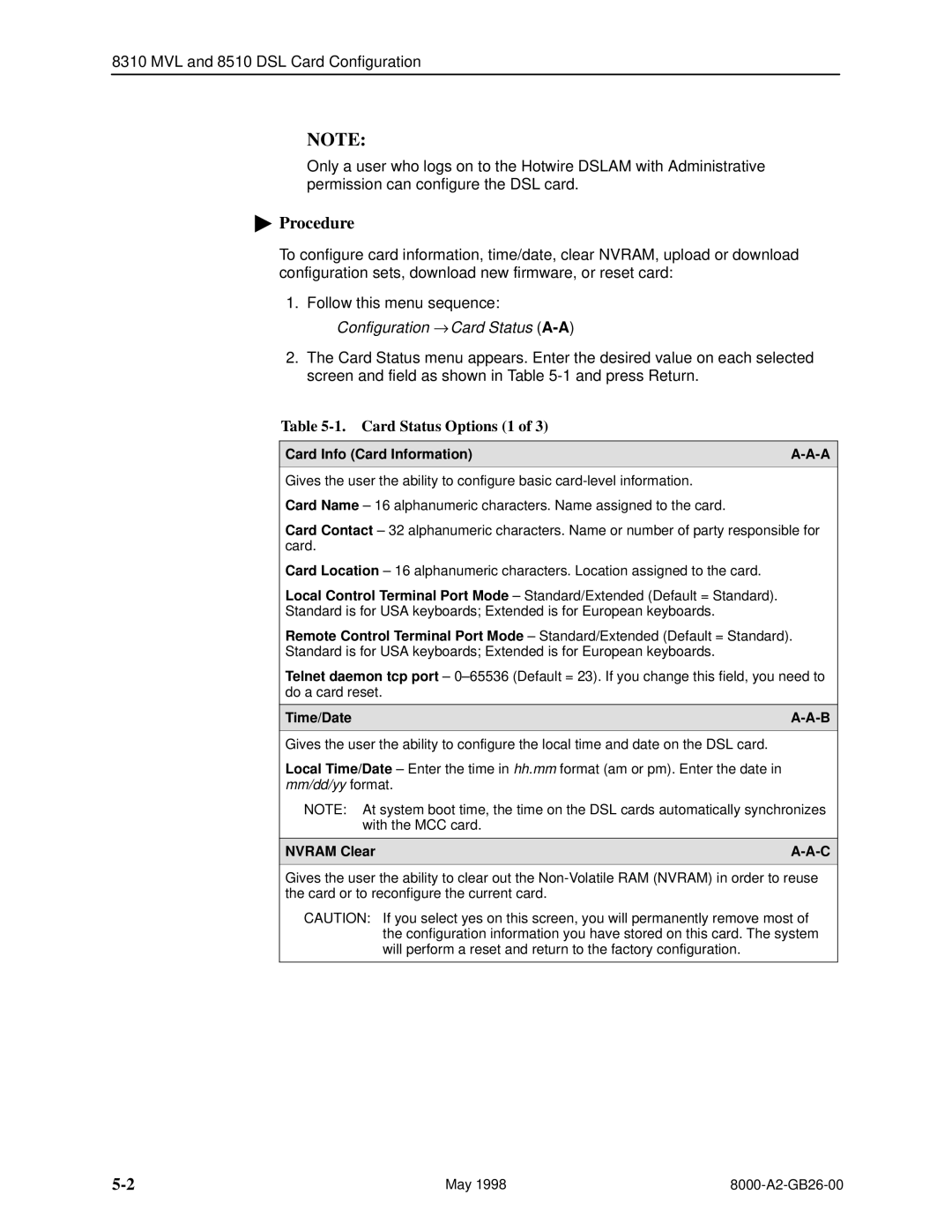 Paradyne 8310 MVL, 8510 DSL manual Card Status Options 1, Card Info Card Information, Time/Date, Nvram Clear 