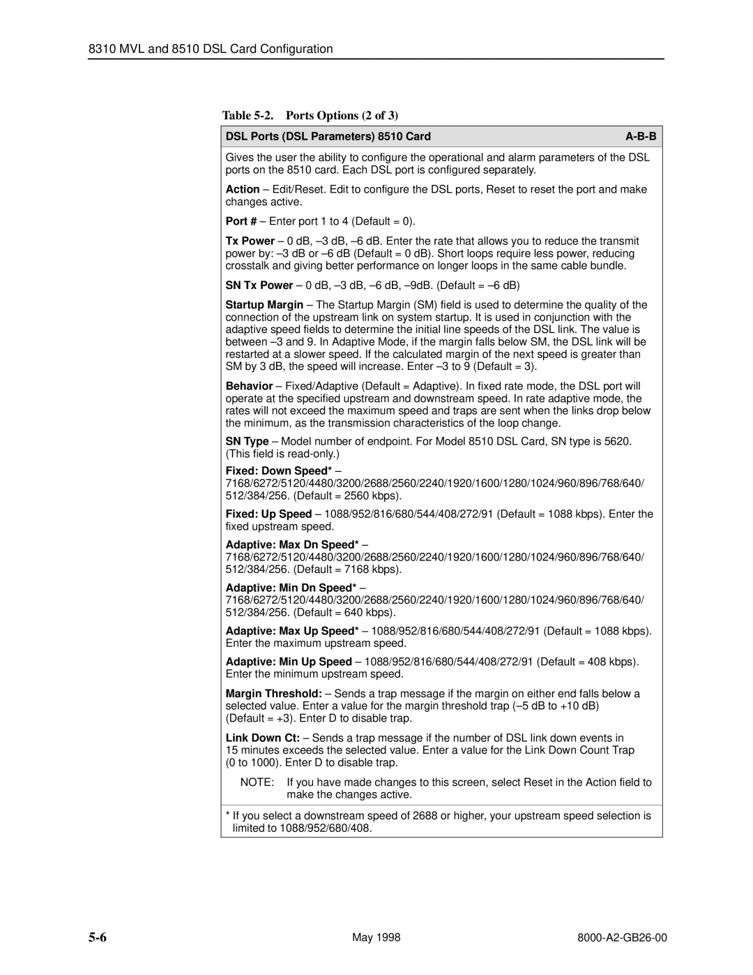 Paradyne 8310 MVL, 8510 DSL manual Ports Options 2, DSL Ports DSL Parameters 8510 Card 