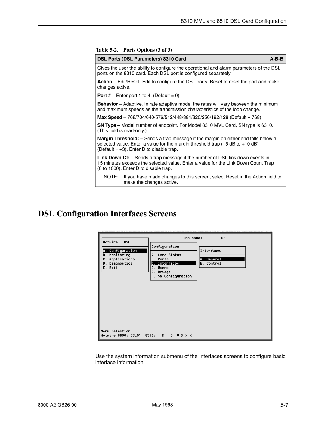 Paradyne 8510 DSL, 8310 MVL manual DSL Configuration Interfaces Screens, Ports Options 3, DSL Ports DSL Parameters 8310 Card 