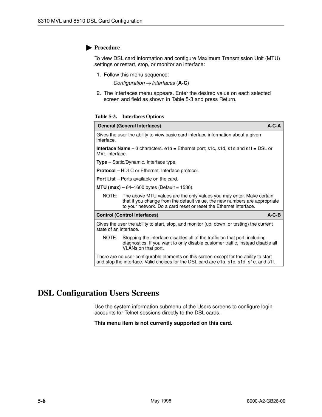 Paradyne 8310 MVL, 8510 DSL manual DSL Configuration Users Screens, Interfaces Options, General General Interfaces 