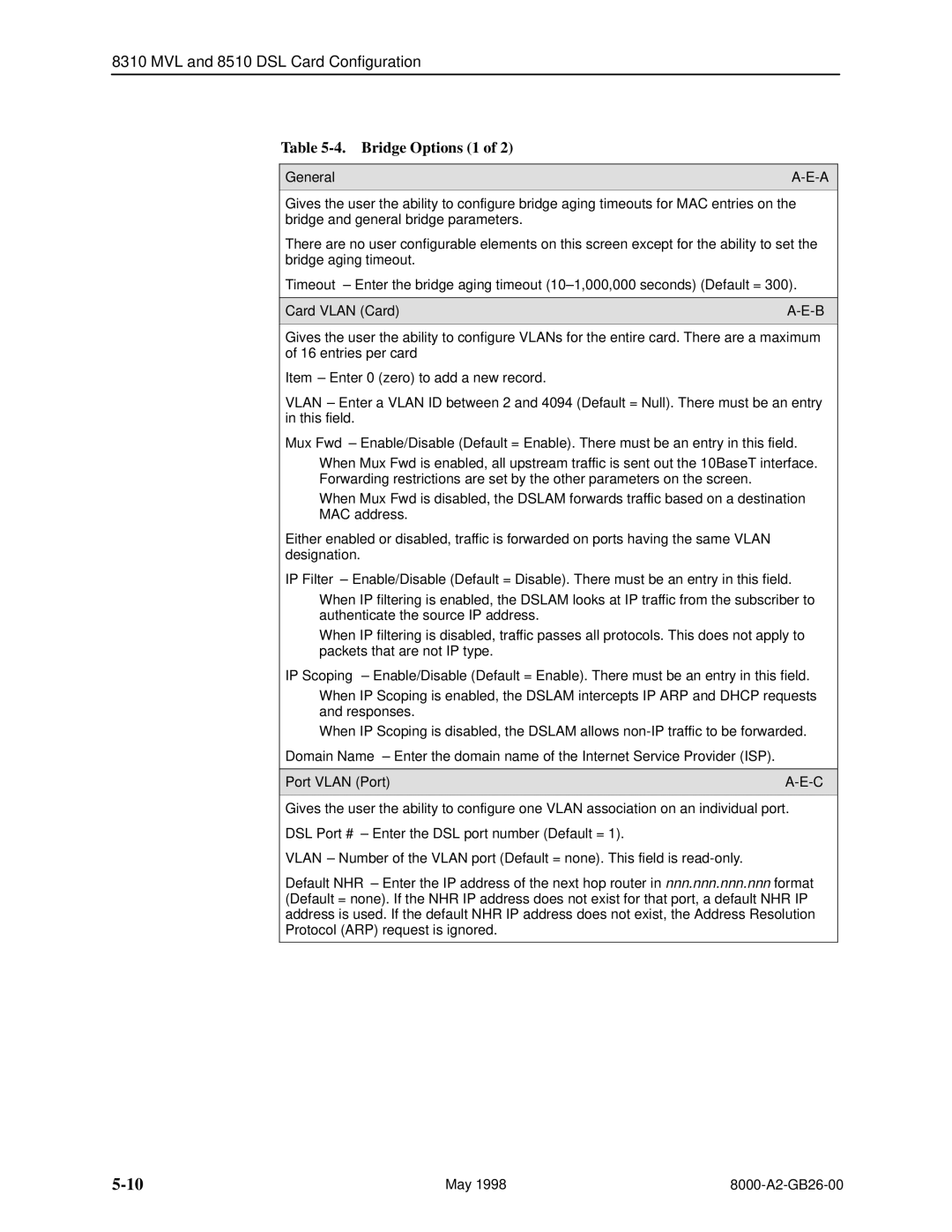 Paradyne 8310 MVL, 8510 DSL manual Bridge Options 1, General, Card Vlan Card, Port Vlan Port 