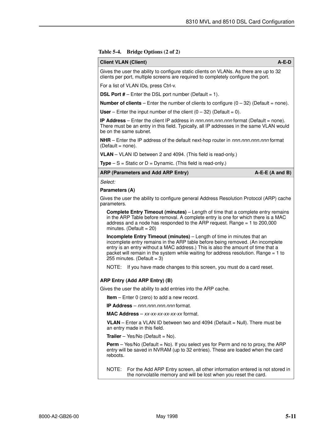 Paradyne 8510 DSL, 8310 MVL manual Bridge Options 2, Client Vlan Client, ARP Parameters and Add ARP Entry E a and B 