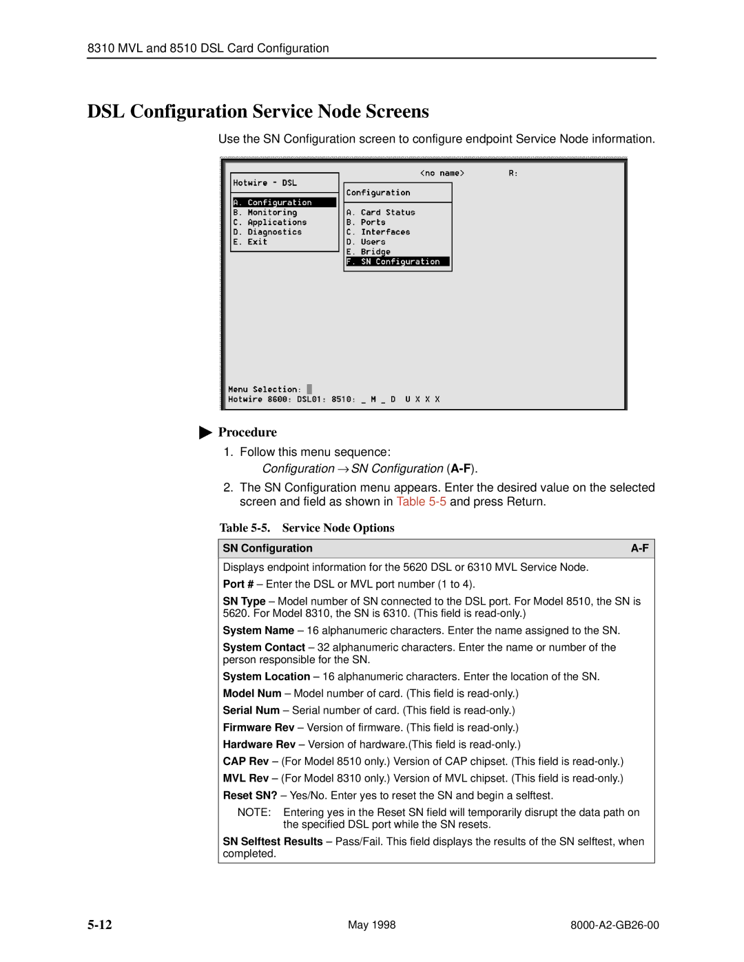 Paradyne 8310 MVL, 8510 DSL manual DSL Configuration Service Node Screens, Service Node Options, SN Configuration 