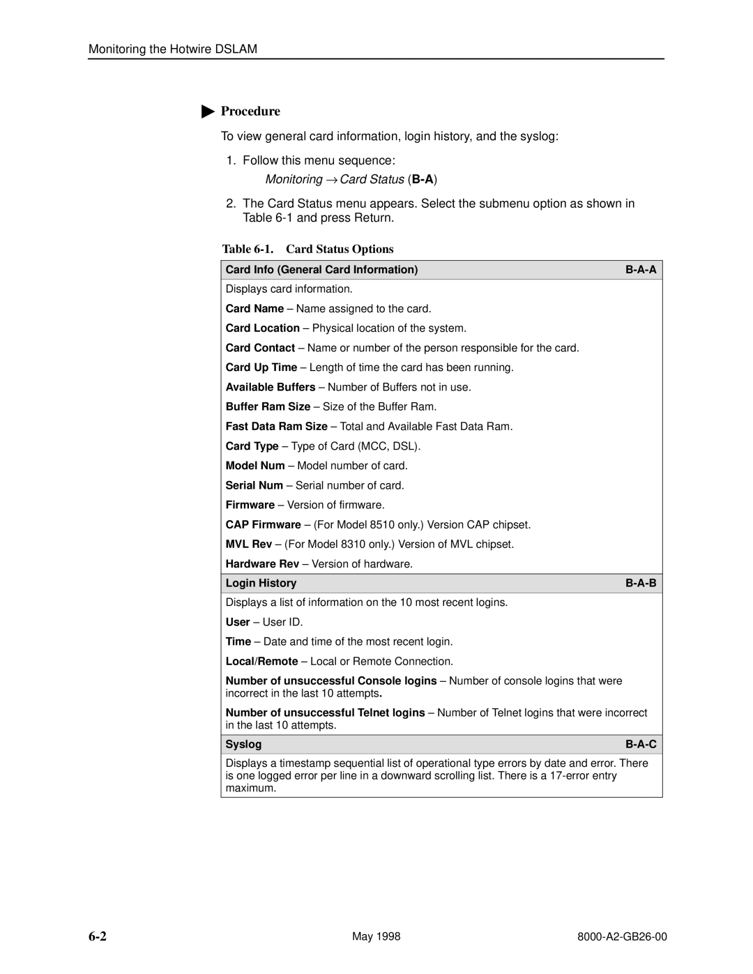 Paradyne 8310 MVL, 8510 DSL manual Card Status Options, Card Info General Card Information, Login History 