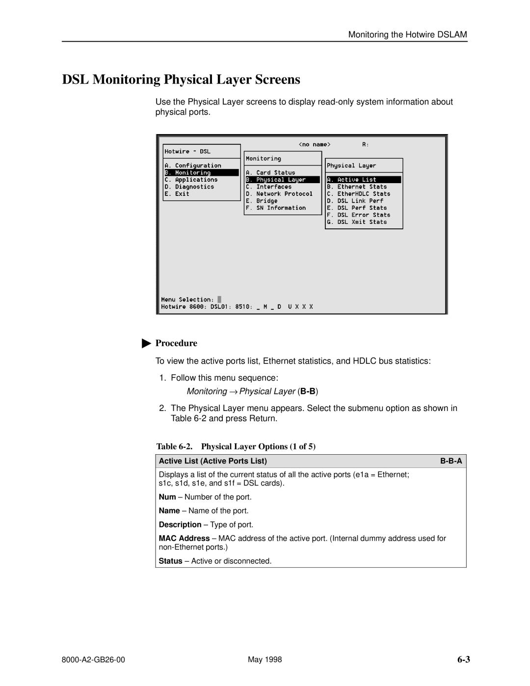 Paradyne 8510 DSL, 8310 MVL DSL Monitoring Physical Layer Screens, Physical Layer Options 1, Active List Active Ports List 