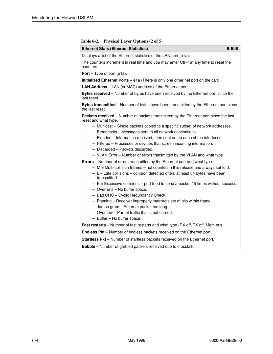 Paradyne 8310 MVL, 8510 DSL manual Physical Layer Options 2, Ethernet Stats Ethernet Statistics 