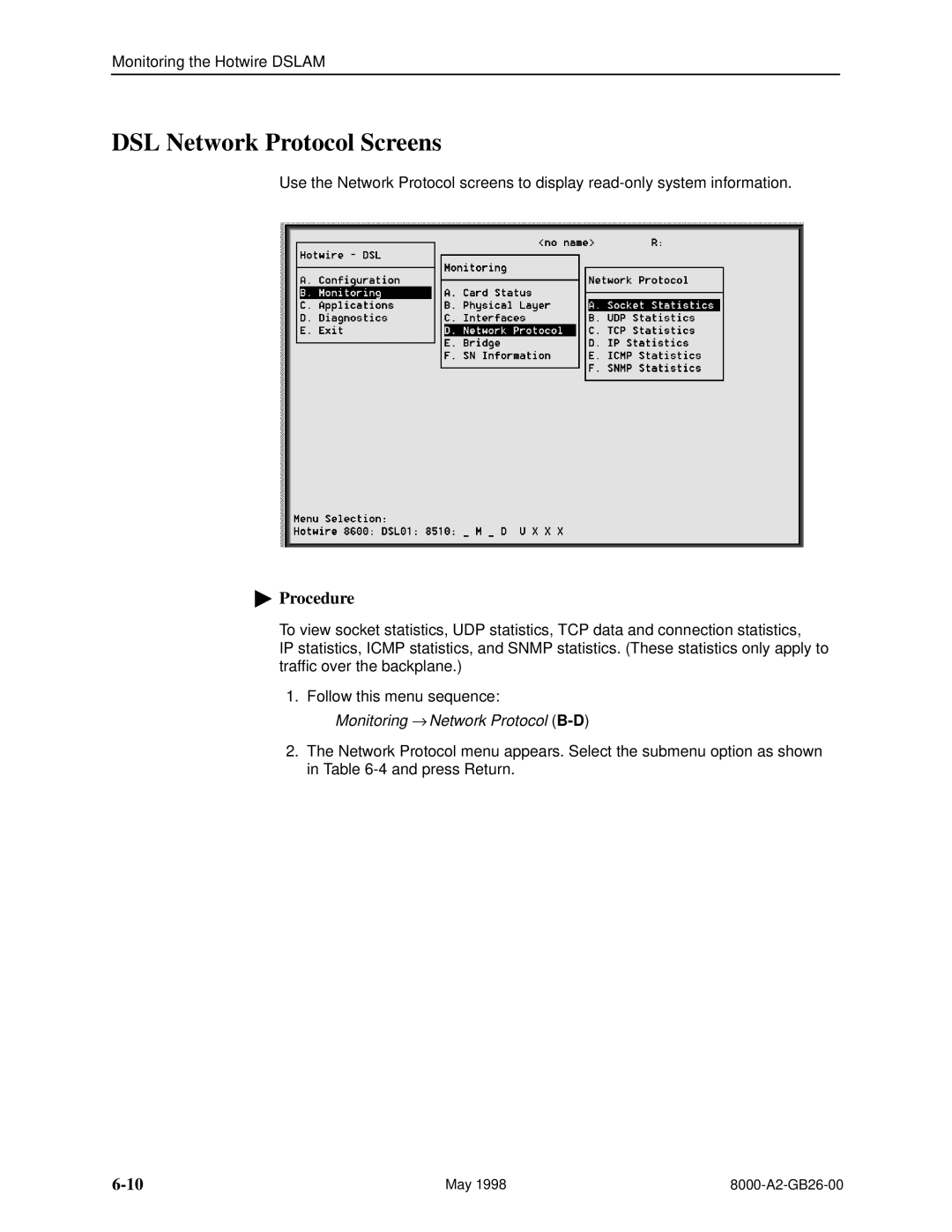 Paradyne 8310 MVL, 8510 DSL manual DSL Network Protocol Screens, Monitoring → Network Protocol B-D 